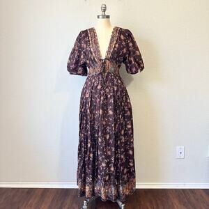 FREE PEOPLE Lysette Maxi Dress Brown Floral Puff Sleeves Cottagecore